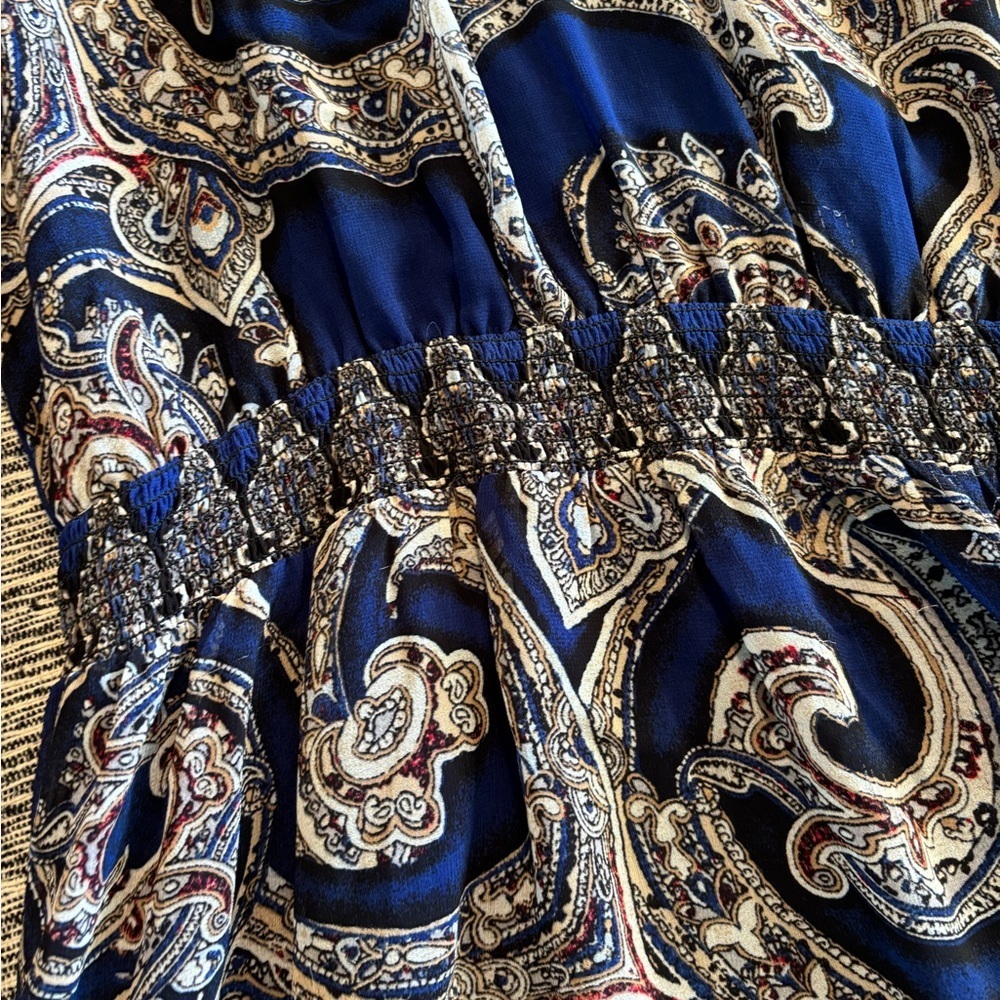 WHBM Blue‎ Paisley Elastic Waist Mini Dress 14 Floral Chiffon Lined - Picture 6 of 9